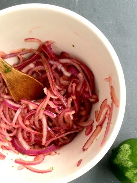 Quick pickled onions are mellow and tart with the fresh taste of lime juice and just a hint of savoury sweet from molasses.